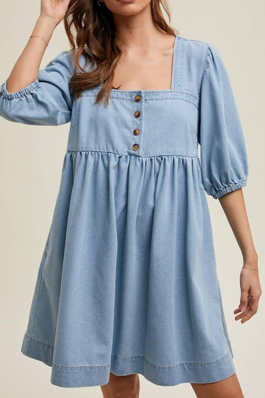 Square Neck Half Sleeve Denim Dress – Effortless Elegance, Timeless Style - Znvia