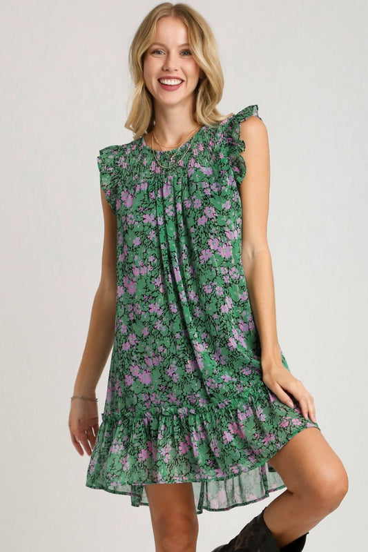 Full Size Smocked Detail Floral Metallic Ruffle Cap Sleeve Dress – Plus Size - Znvia