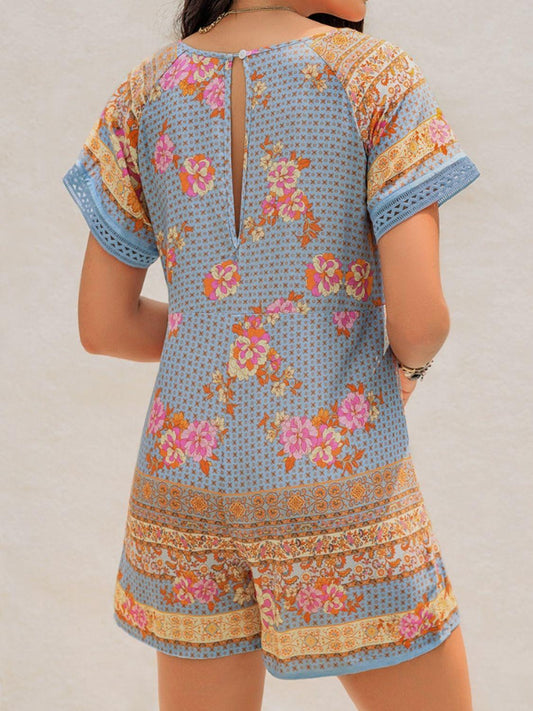 Printed V-Neck Short Sleeve Romper - Znvia