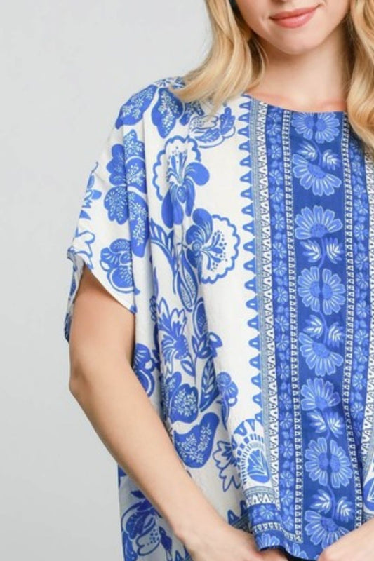 Full Size Floral Border Print Oversized Top - Plus Size - Znvia