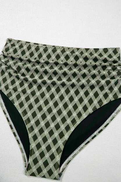 Dotted Mesh Plaid Patchwork High Waisted Swim Set - Znvia