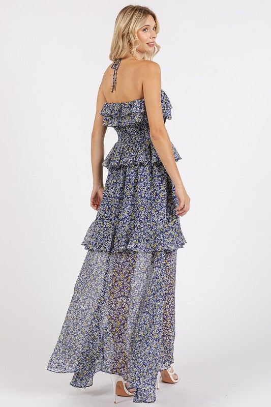 Ruffled Smocked Floral Halter Neck Maxi Dress - Znvia