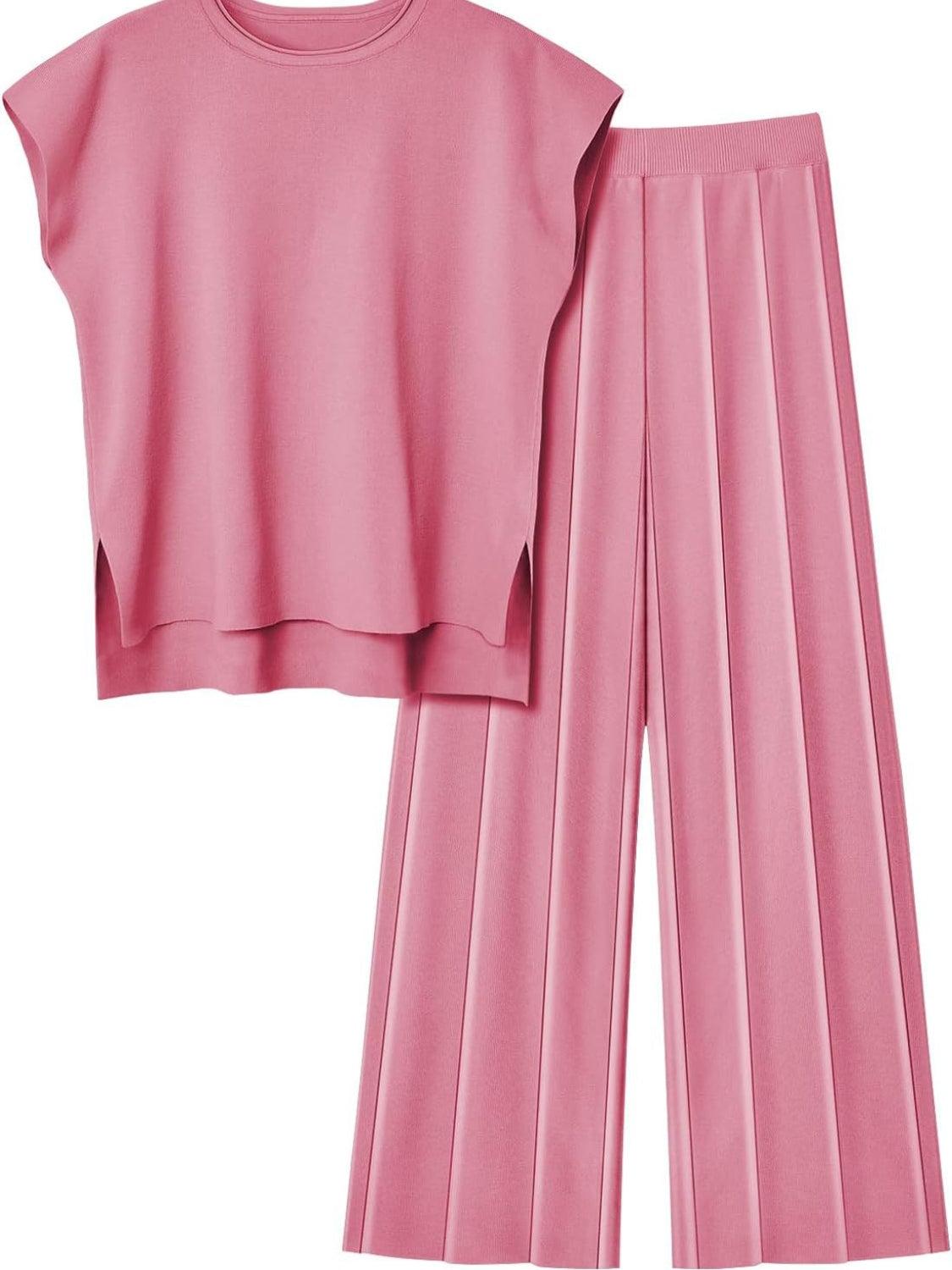 Round Neck Cap Sleeve Top and Pants Knit Set – Effortless Style Meets Supreme Comfort - Znvia