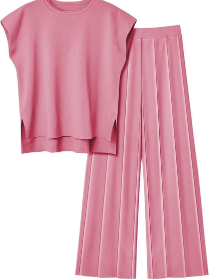 Round Neck Cap Sleeve Top and Pants Knit Set – Effortless Style Meets Supreme Comfort - Znvia