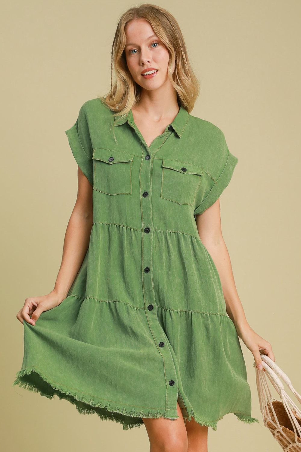 Full Size Frayed Hemline Button-Down Shirt Dress – Plus Size - Znvia