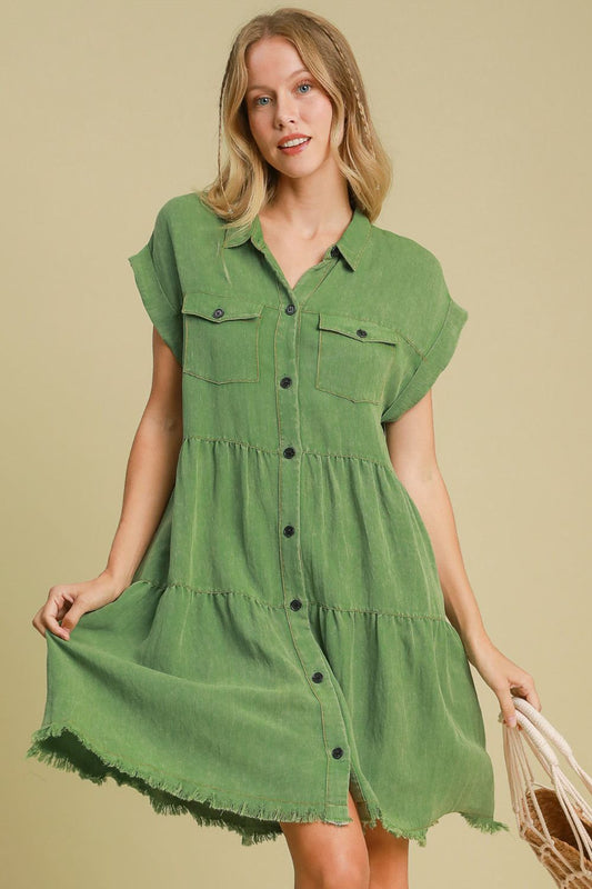 Full Size Frayed Hemline Button-Down Shirt Dress – Plus Size - Znvia