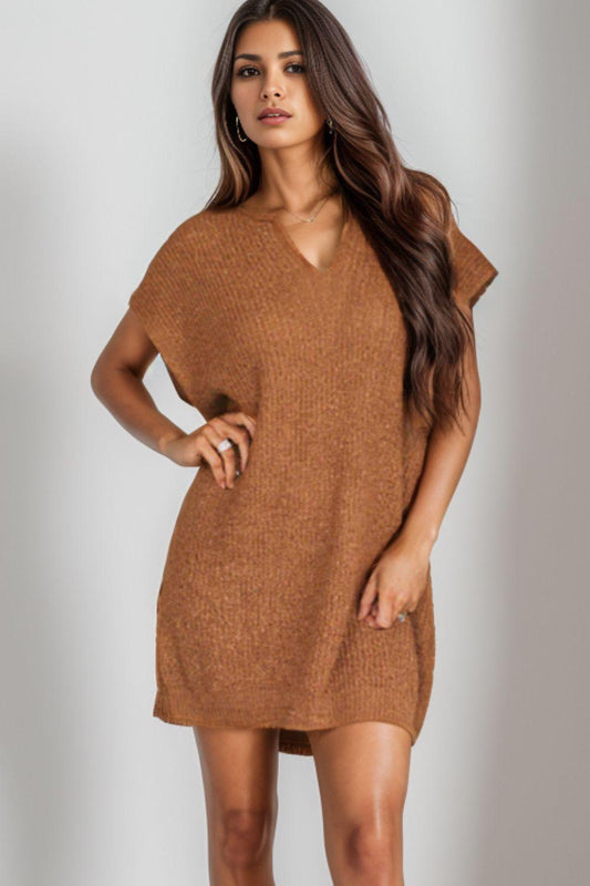 Notched Cap Sleeve Mini Sweater Dress – Effortless Style with Everyday Comfort - Znvia