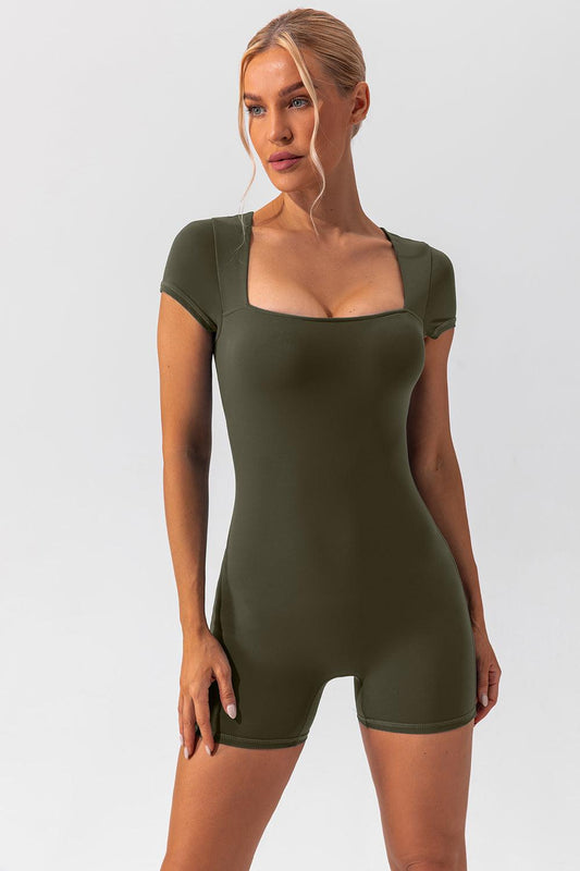 Square Neck Cap Sleeve Active Romper - Znvia