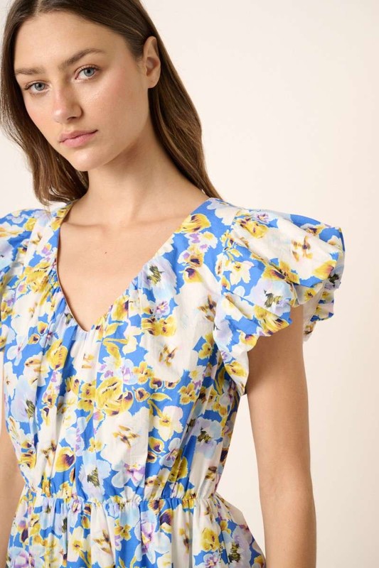 Floral V-Neck Cap Sleeve Mini Dress - Znvia