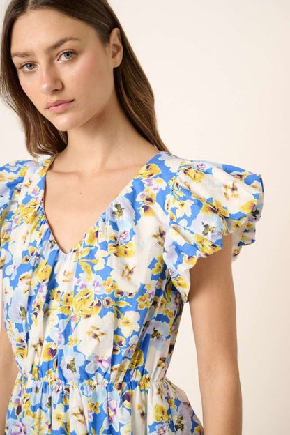 Floral V-Neck Cap Sleeve Mini Dress - Znvia