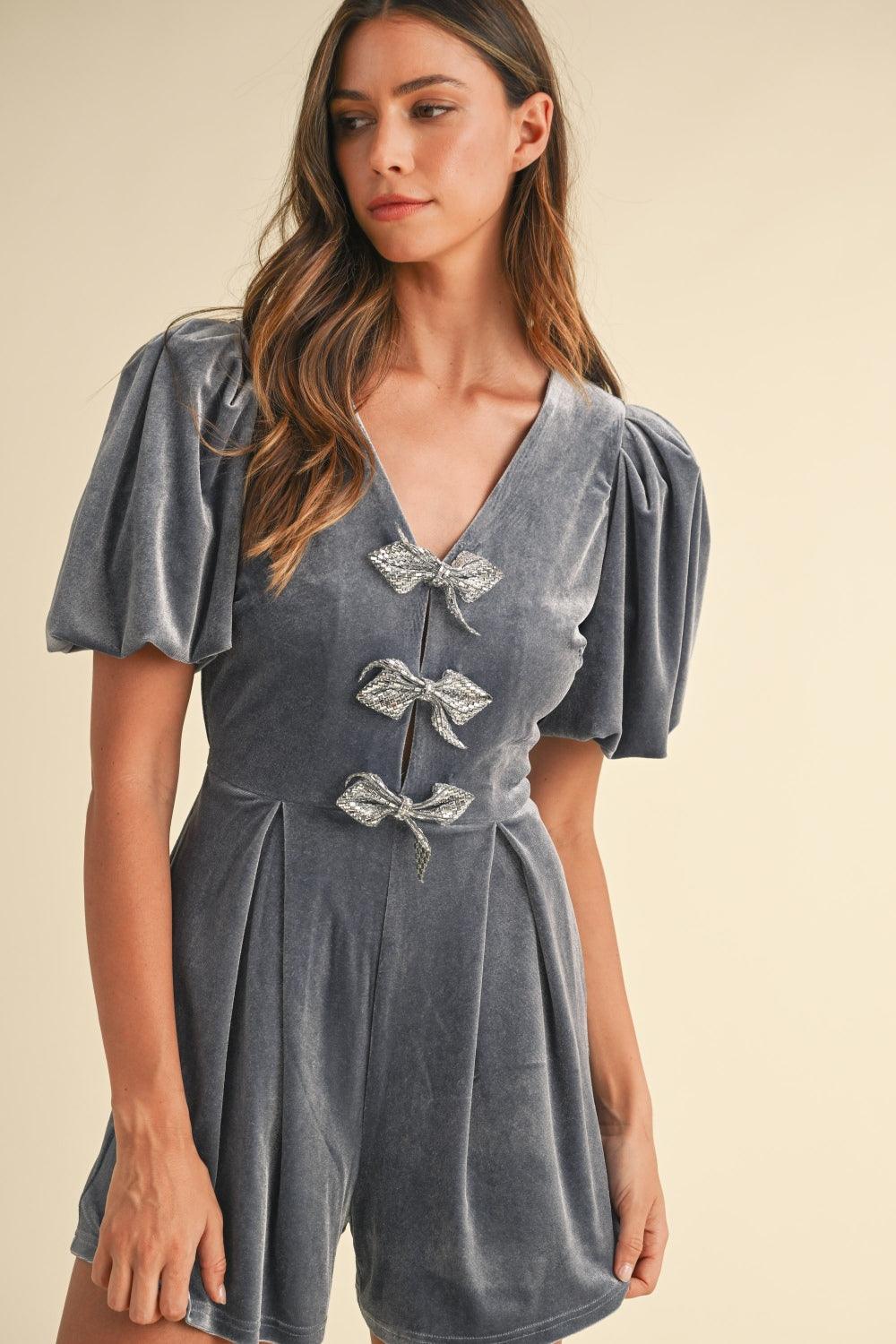 Jewel Bow Decor Puff Sleeve Velvet Romper - Znvia