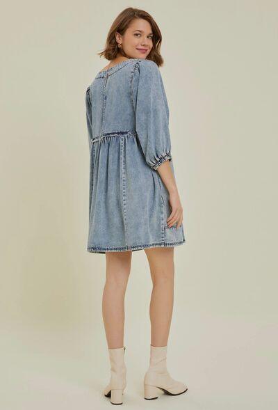 Cutout Round Neck Balloon Sleeve Denim Dress - Znvia