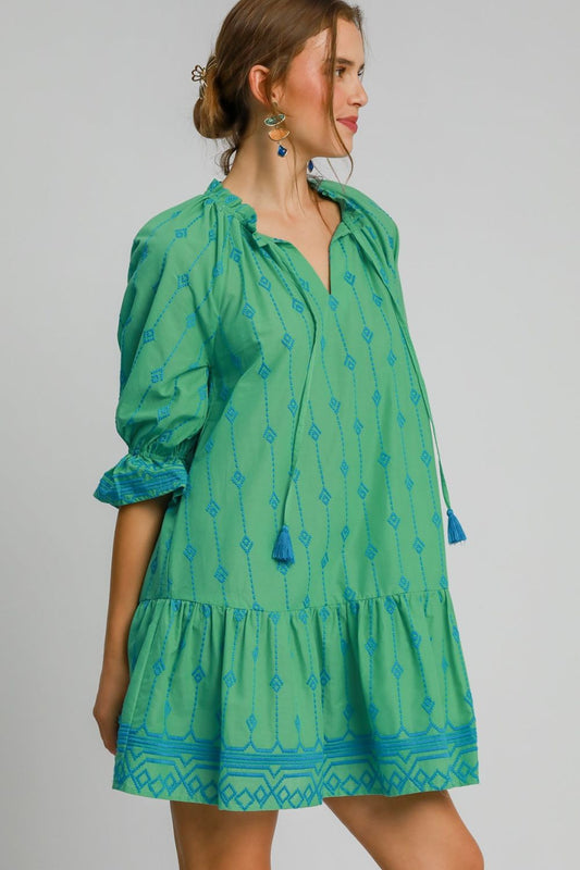 Full Size Tassel Embroidered Flounce Sleeve Mini Dress Plus Size - Znvia