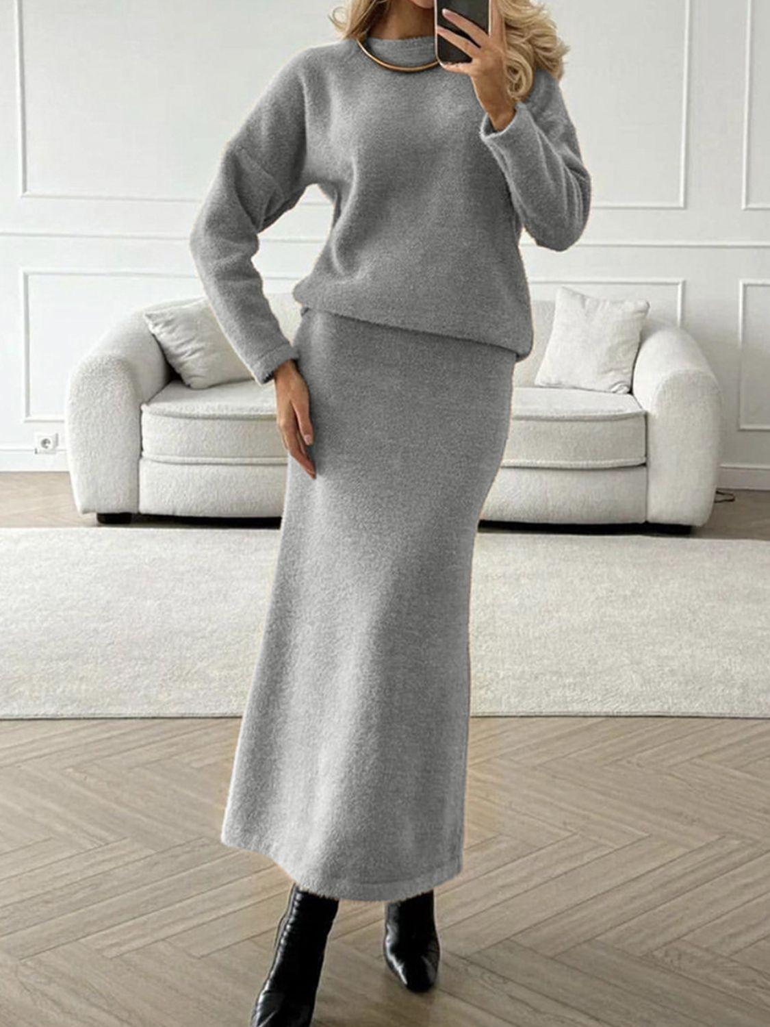 Round Neck Dropped Shoulder Top and Midi Skirt Sweater Set - Znvia