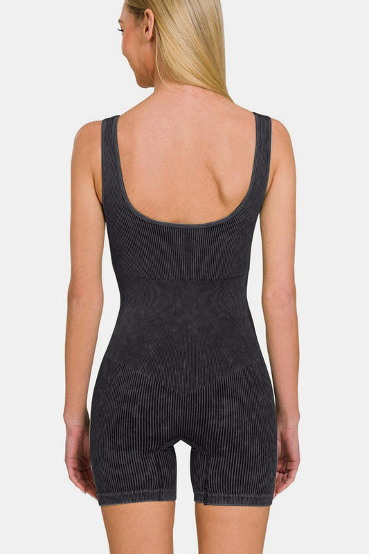 Zenana Washed Ribbed Romper with Pad - Znvia