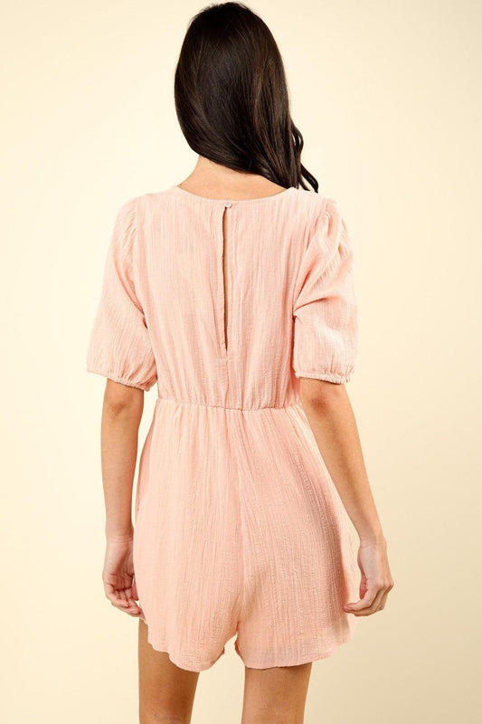 Lace Detail Puff Sleeve Romper with Pockets - Znvia