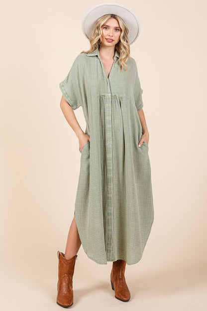 Mineral Wash V-Neck Button-Up Midi Shirt Dress - Znvia