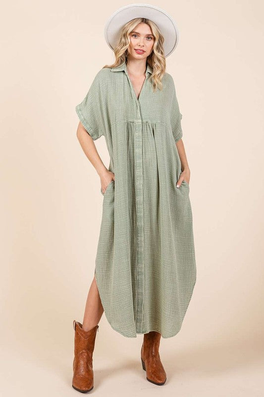 Mineral Wash V-Neck Button-Up Midi Shirt Dress - Znvia