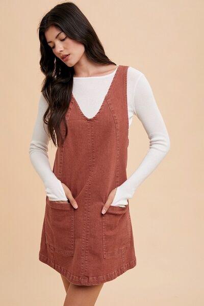V-Neck Adjustable Strap Denim Overall Dress with Pockets - Znvia
