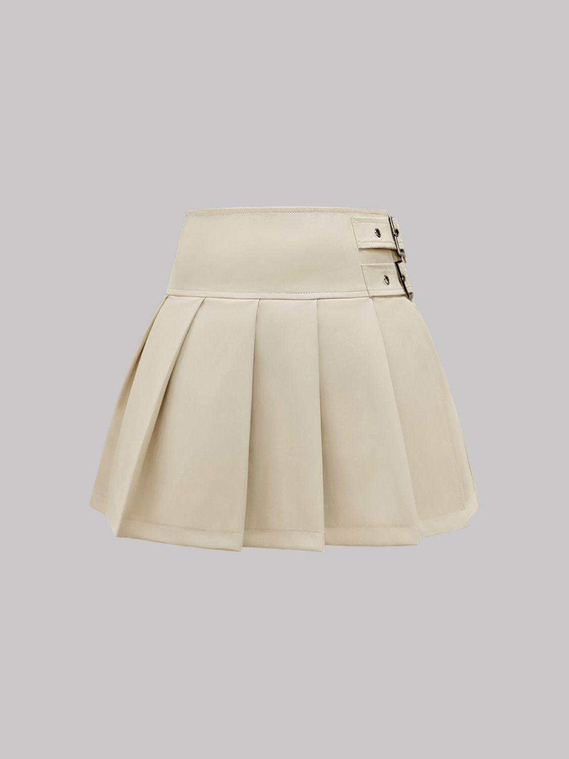 Buckle Decor Pleated Mini Skirt - Znvia