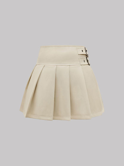 Buckle Decor Pleated Mini Skirt - Znvia