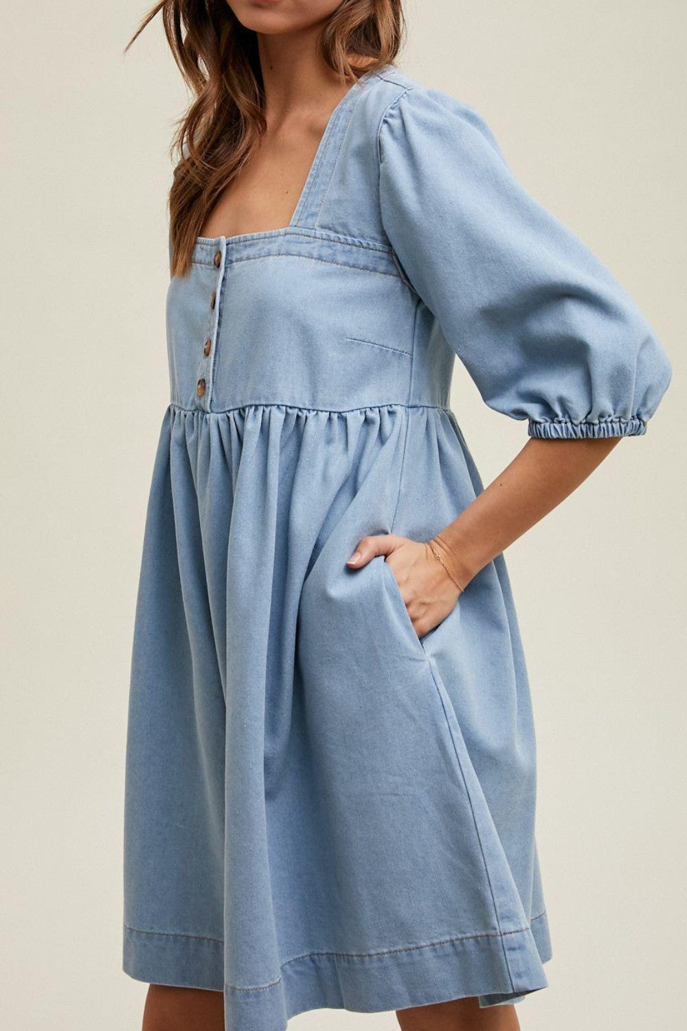 Square Neck Half Sleeve Denim Dress – Effortless Elegance, Timeless Style - Znvia