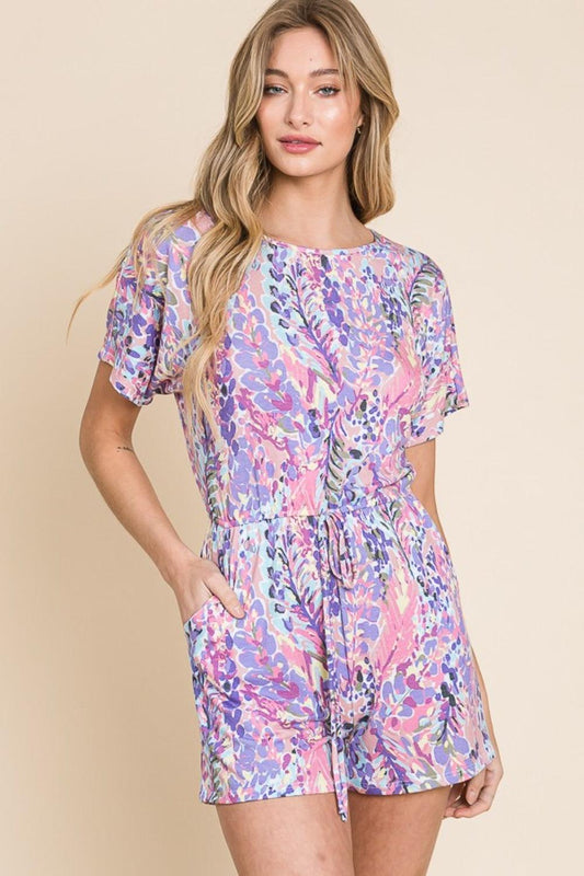 Print Short Sleeve Romper with Pockets - Znvia