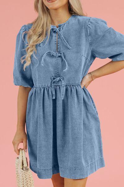 Bowknot Round Neck Half Sleeve Denim Dress – Effortless Elegance with a Chic Touch - Znvia