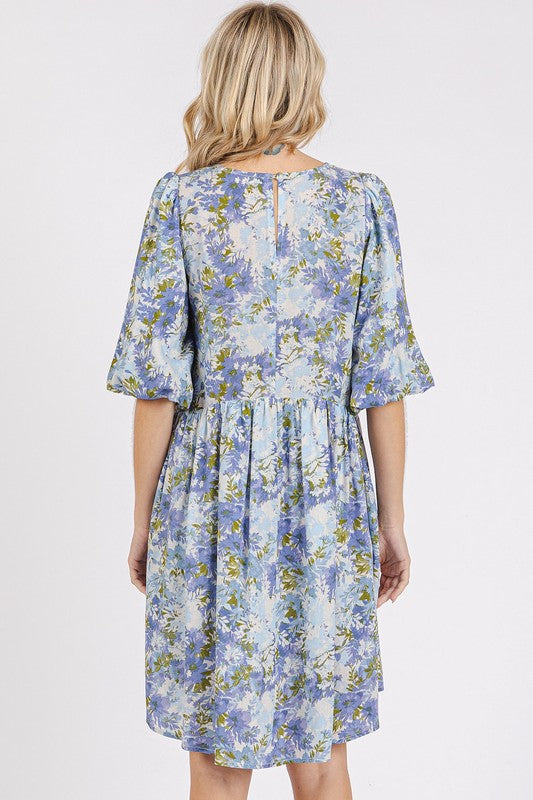 Flower Print Linen Blend Babydoll Mini Dress - Znvia