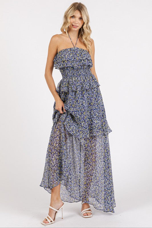 Ruffled Smocked Floral Halter Neck Maxi Dress - Znvia