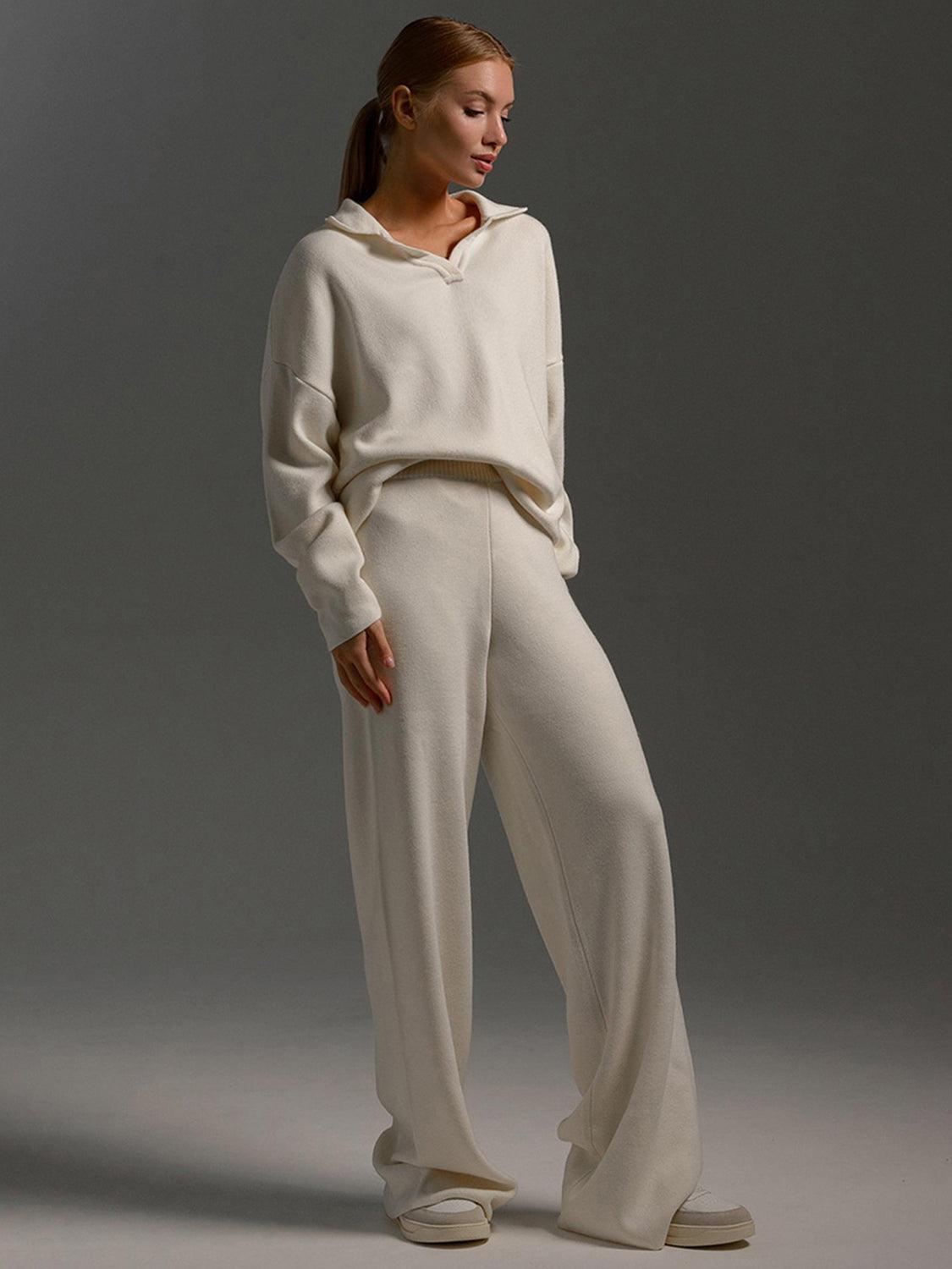 Johnny Collar Long Sleeve Top and Pants Sweater Set – Effortless Style and Comfort - Znvia