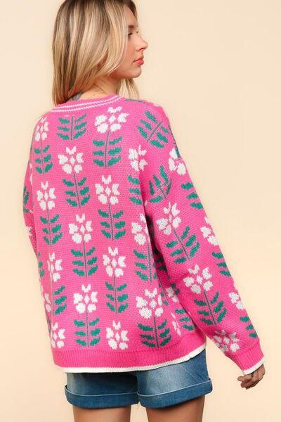 Full Size Floral Jacquard V-Neck Button Up Cardigan - Znvia
