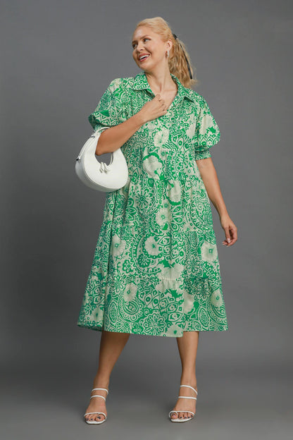 Full Size Printed Smocked Cuff Puff Sleeve Midi Dress Plus Size - Znvia