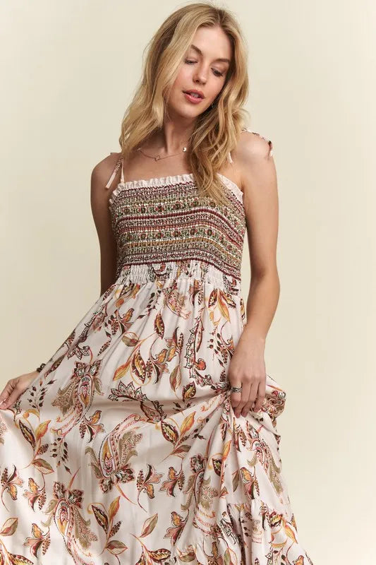 Smocked Printed Square Neck Tie Shoulder Cami Dress - Znvia