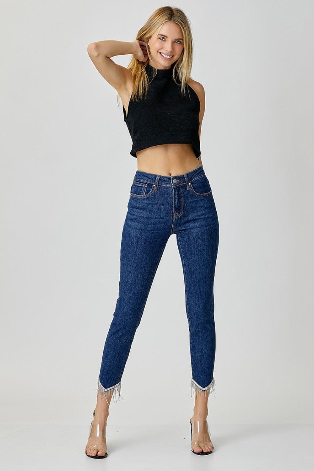 Full Size Embellished Mid Rise Crop Skinny Jeans – Sparkle, Style, and Confidence! - Znvia