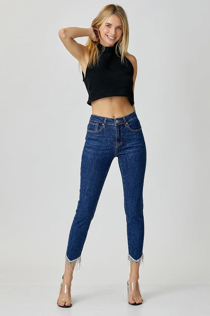 Full Size Embellished Mid Rise Crop Skinny Jeans – Sparkle, Style, and Confidence! - Znvia