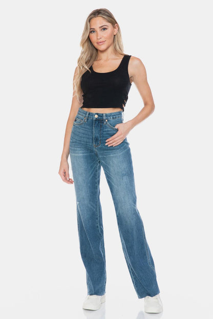 Blue Full Size Tummy Control Cut Raw Hem Straight Jeans – Chic Style Meets All-Day Comfort - Znvia