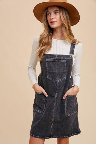 Wide Strap Denim Overall Dress with Pockets - Znvia