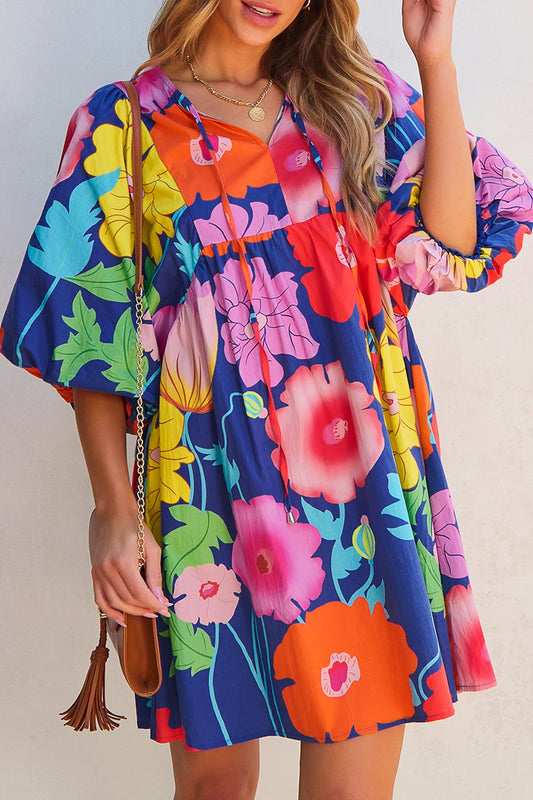 Floral Print Tie Neck Babydoll Dress - Znvia