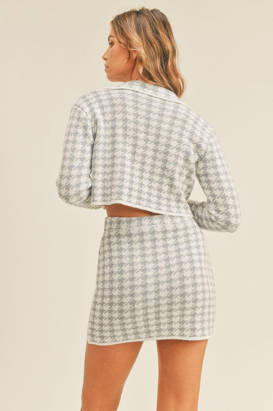 Houndstooth Cropped Knit Cardigan and Mini Skirt Set - Znvia