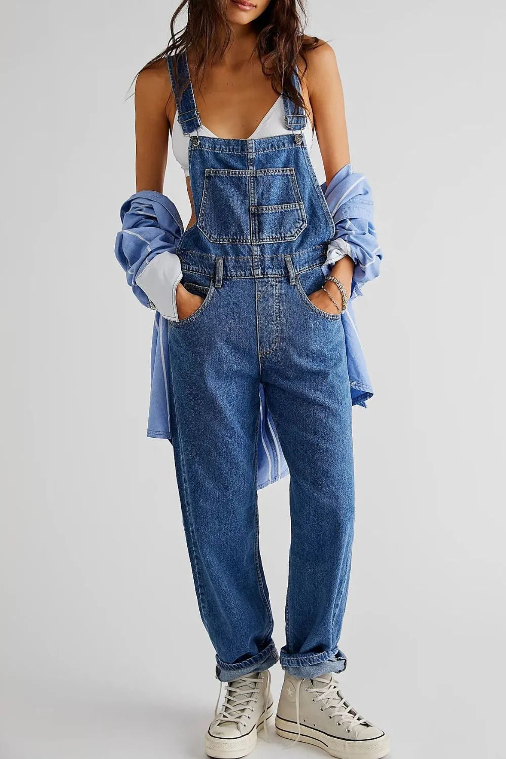Wide Strap Square Neck Denim Overalls - Znvia