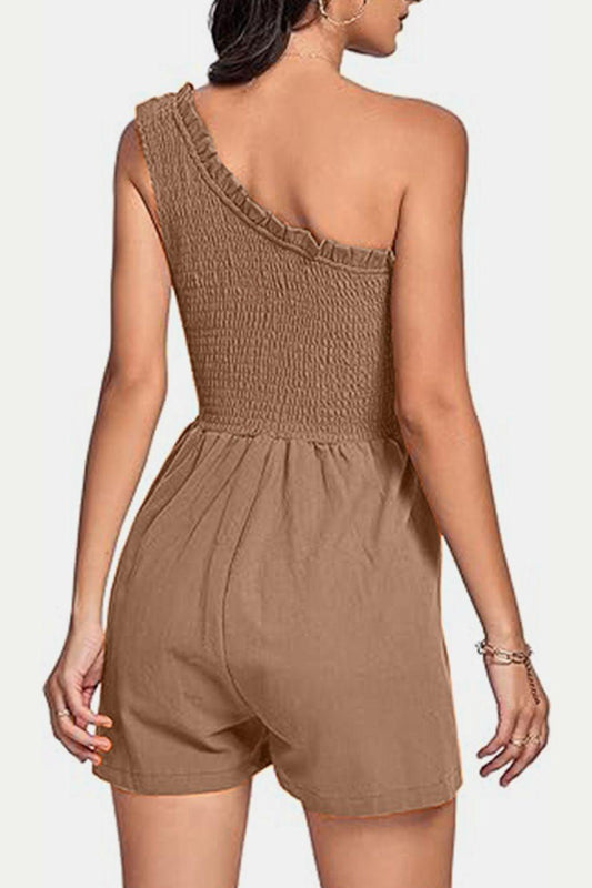 Smocked Single Shoulder Romper - Znvia