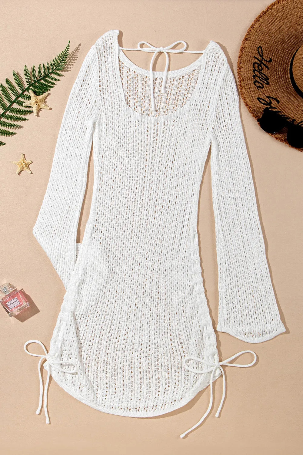 Hollow Out Bell Sleeve Drawstring Knit Cover Up Dress for Effortless Style - Znvia