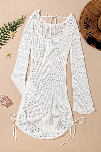 Hollow Out Bell Sleeve Drawstring Knit Cover Up Dress for Effortless Style - Znvia