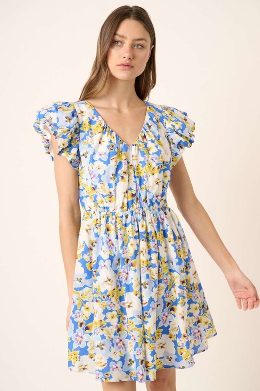 Floral V-Neck Cap Sleeve Mini Dress - Znvia