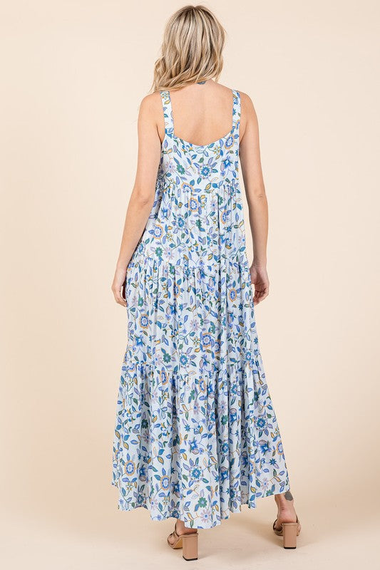 Flower Print Tiered Sleeveless Empire Maxi Dress - Znvia