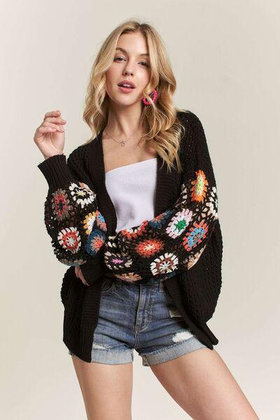 Full Size Contrast Crochet Open Front Long Sleeve Cardigan Plus Size - Znvia