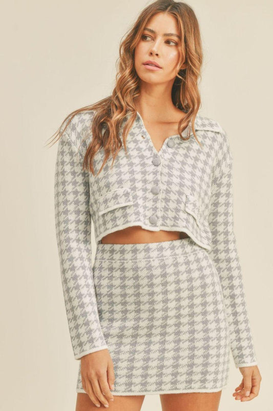 Houndstooth Cropped Knit Cardigan and Mini Skirt Set - Znvia