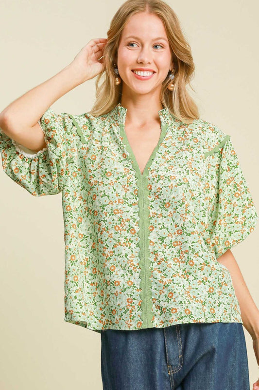 Full Size Floral Print Puff Sleeve Top – Elegant & Feminine - Znvia