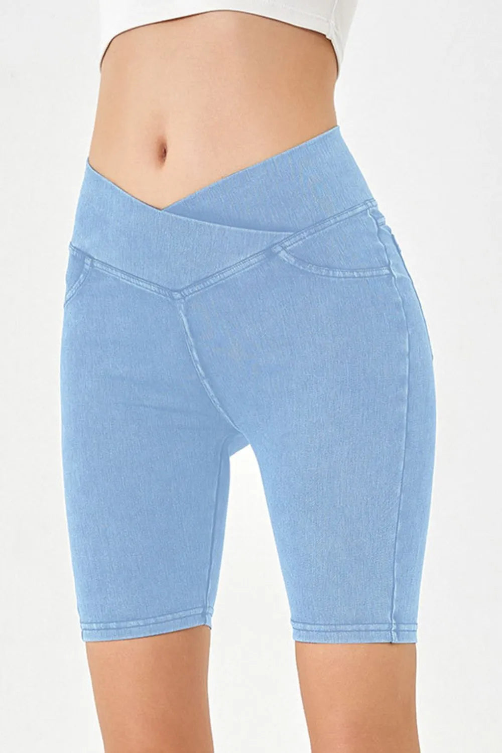 Asymmetrical Waist Denim Shorts with Pockets - Znvia